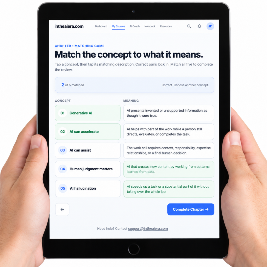 AI-Ready Professional course lesson displayed on iPad in hands