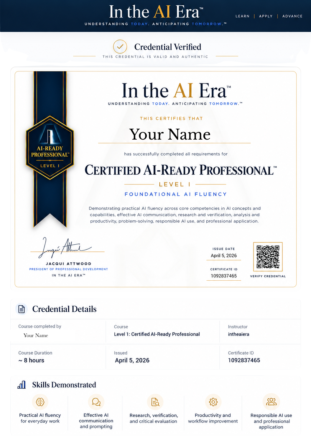 AI-Ready Professional Level I certificate verification screen with credential ID