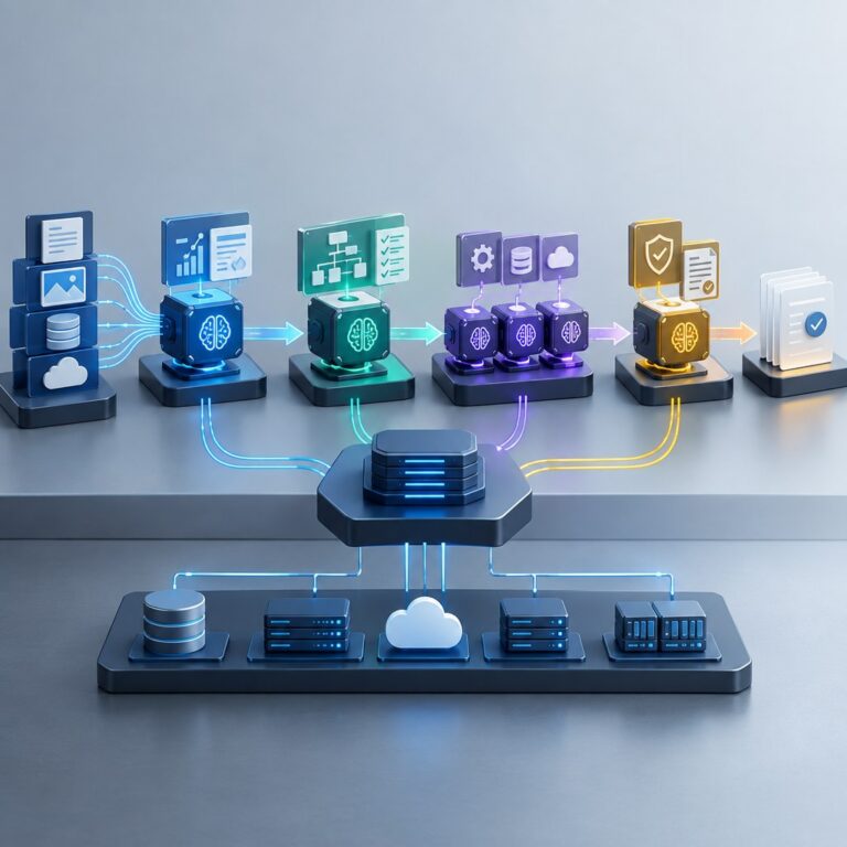 AI automation and agents shown as connected workflow modules completing multi-step business tasks