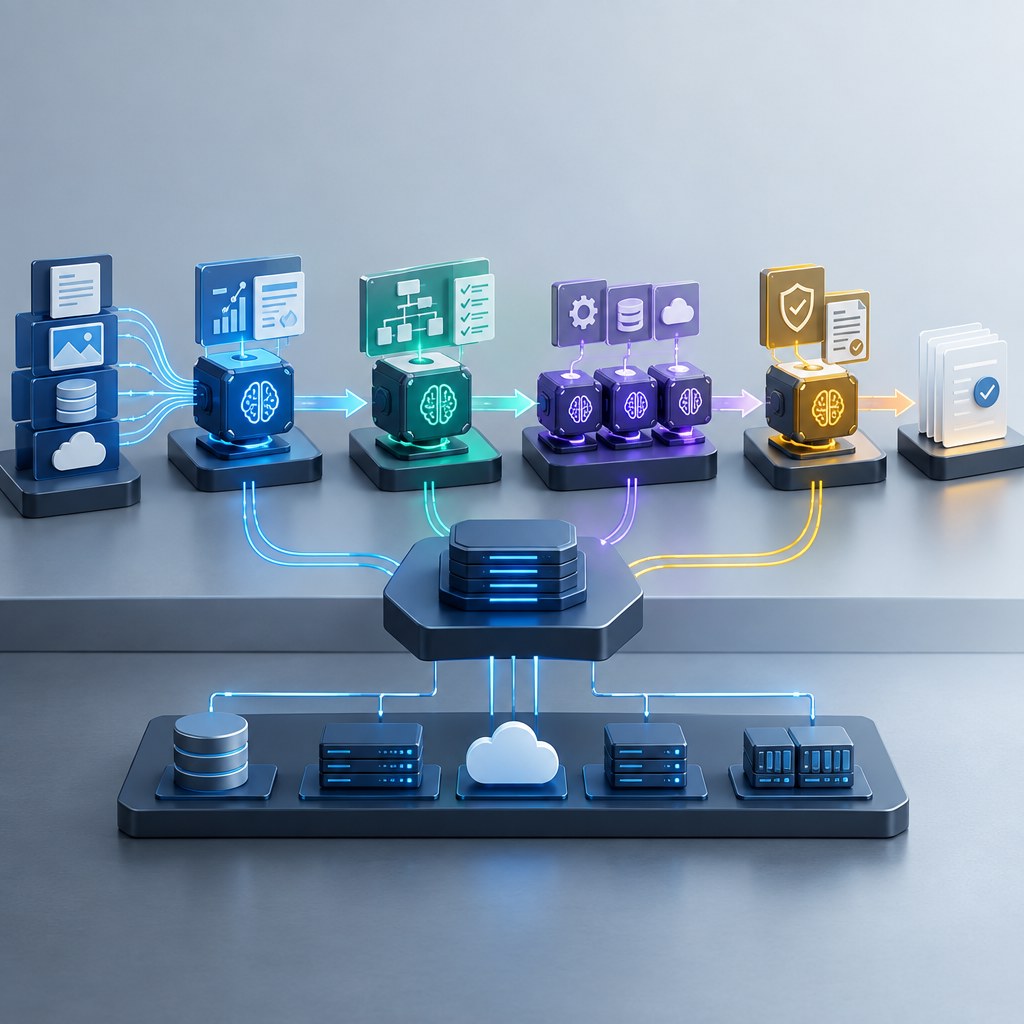 AI automation and agents shown as connected workflow modules completing multi-step business tasks