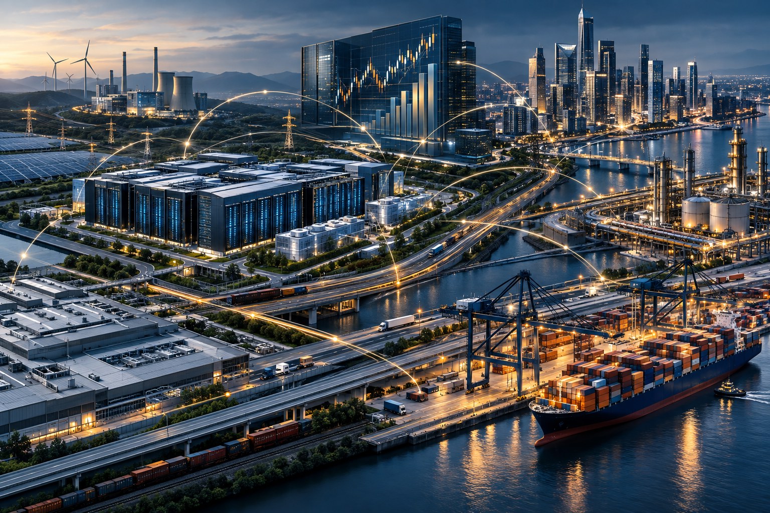 AI economy connecting data centers, business, finance, energy and global infrastructure