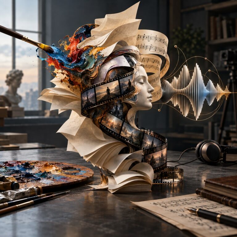 Art, music and writing materials merging into a single creative form shaped by artificial intelligence