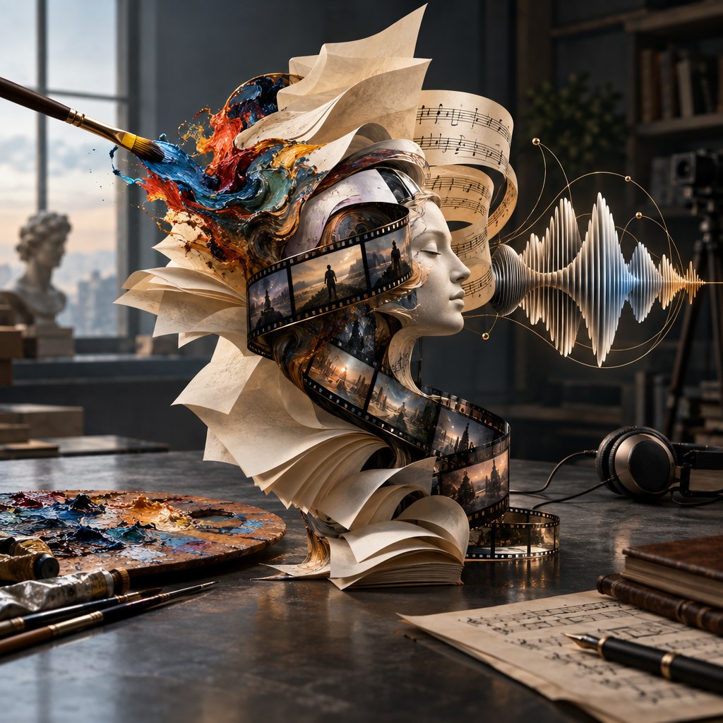 Art, music and writing materials merging into a single creative form shaped by artificial intelligence