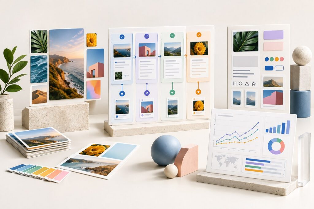 AI marketing tools arranged as a modular campaign workflow for content, design and analytics