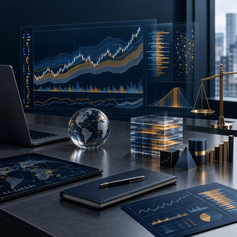 AI trading and investing visualized through market data, risk analysis and financial systems