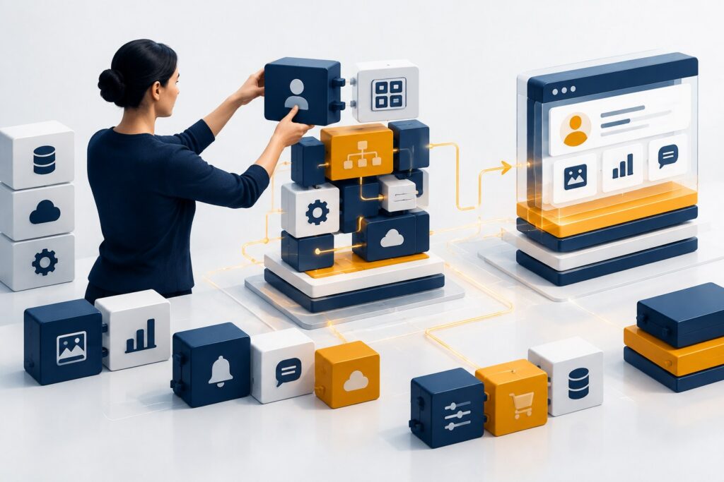 AI coding tools represented as modular software components assembling into a working application