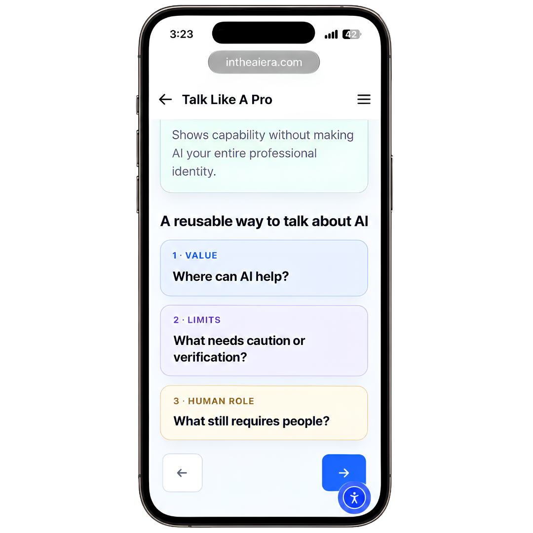 AI-Ready Professional Level I lesson displayed on iPhone for professional AI training
