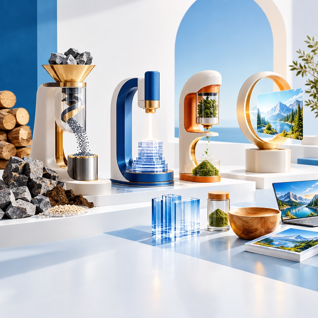 AI products shown as sculptural tools transforming ideas into finished digital work