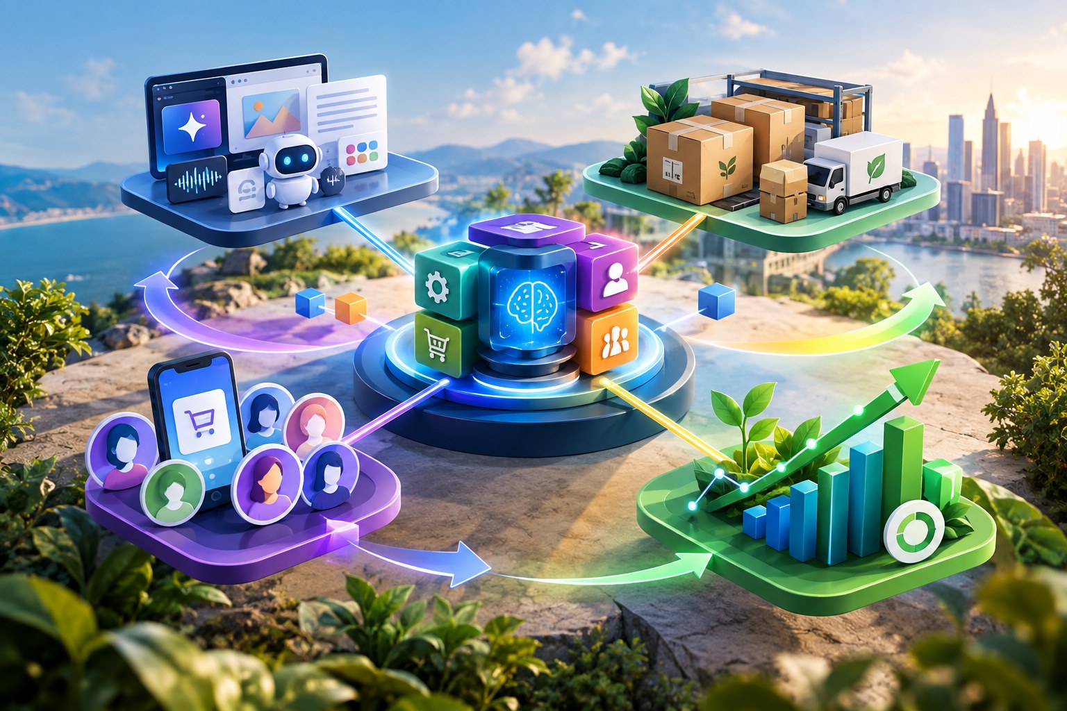 AI solopreneur business system expanding through tools, customers, fulfillment and growth