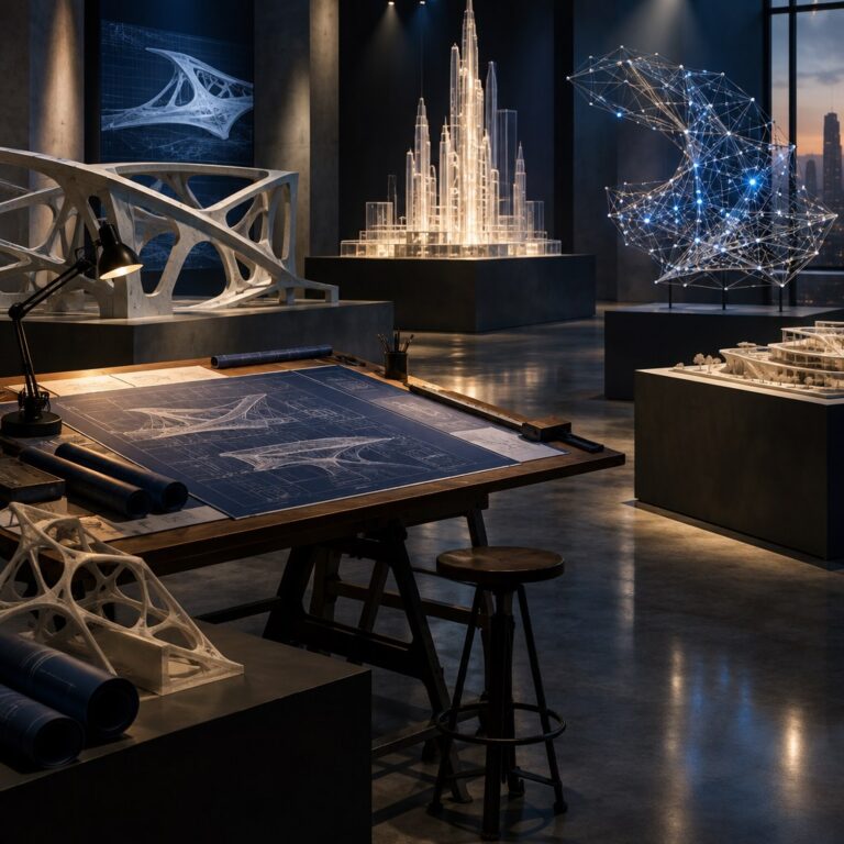 Blueprints and structural models symbolizing the architects shaping the AI era
