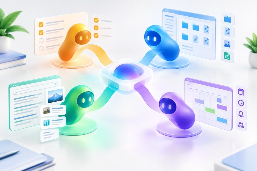 AI assistants coordinating research, files, scheduling and work tasks in a connected system
