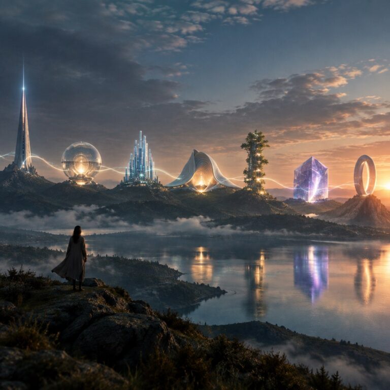 Seven illuminated markers across a futuristic landscape representing major AI trends in 2026