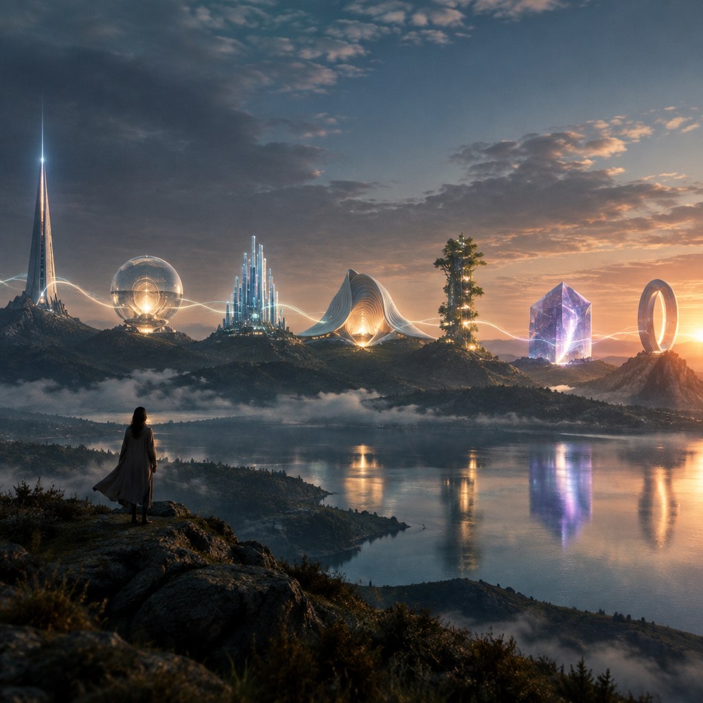Seven illuminated markers across a futuristic landscape representing major AI trends in 2026
